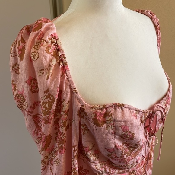 NWT - Free People Boho Hilary Pink Floral Smocked Cropped Top with Tie, Size L - Picture 8 of 9
